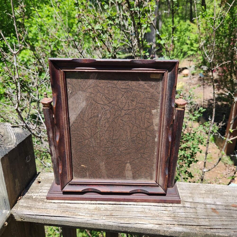 Antique Wooden Swinging Tabletop Picture Frame With Glass Pane, brass finials De